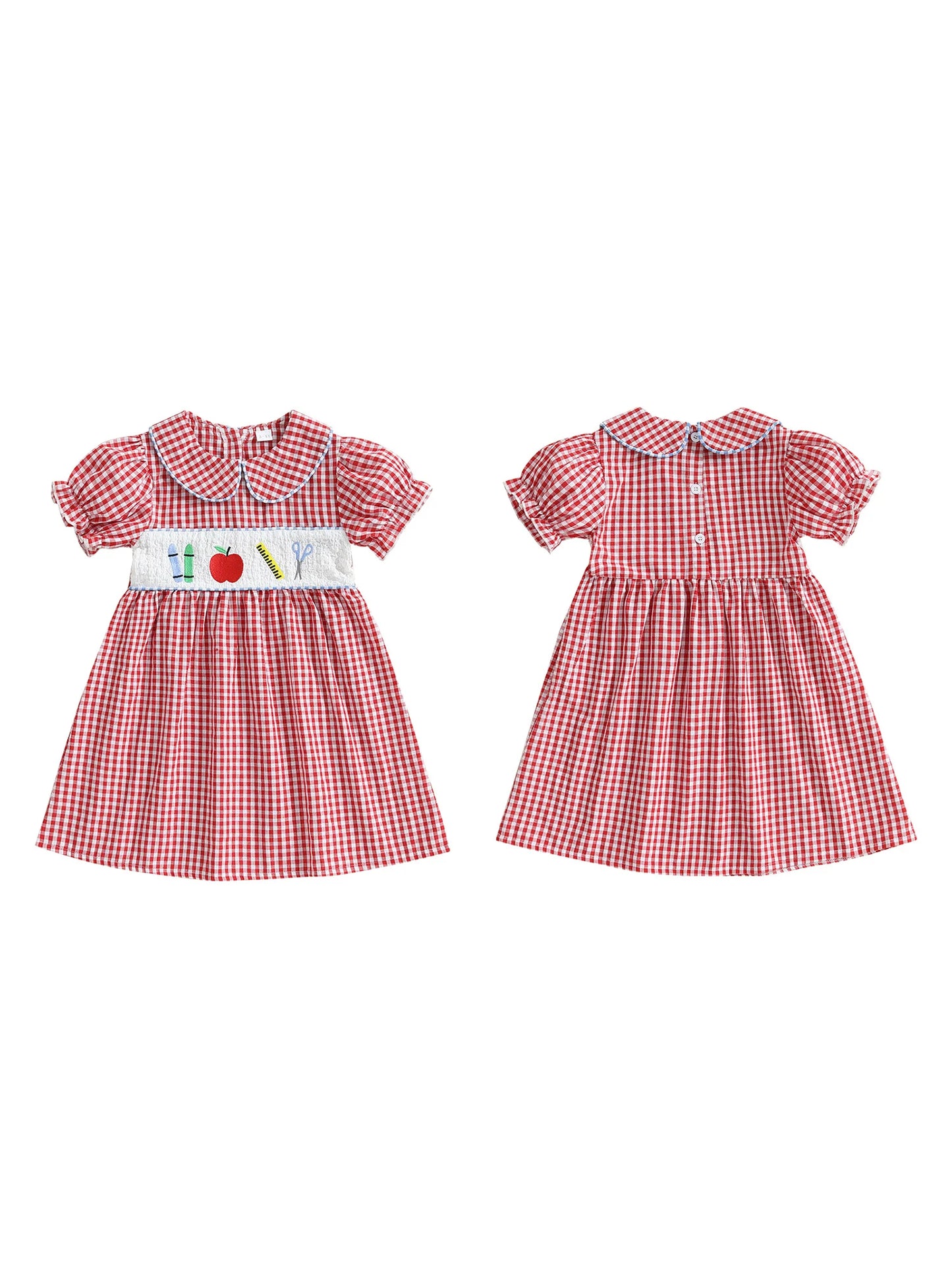Girl's Back to School Dress - A-Line Embroidered Plaid Doll Collar Bubble Sleeve