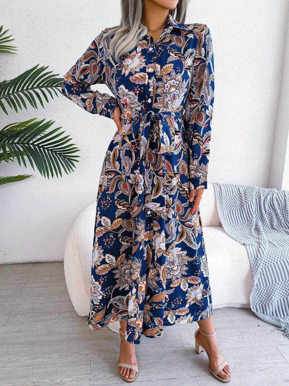 Women'S Spring Summer Retro Floral Collar Long Sleeve Tie Up Shirt Dress