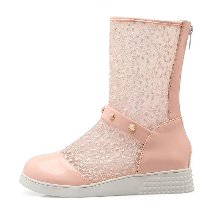 Women's Leather Splicing Mesh Pearl Metal Decoration Zipper Ankle Boots