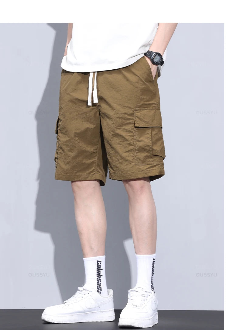 Summer Ultrathin Shorts Pants Men Cargo Work Side Pockets Joggers Grey Bermuda Knee Beach Nylon Short Pant Male Big Size M-5XL