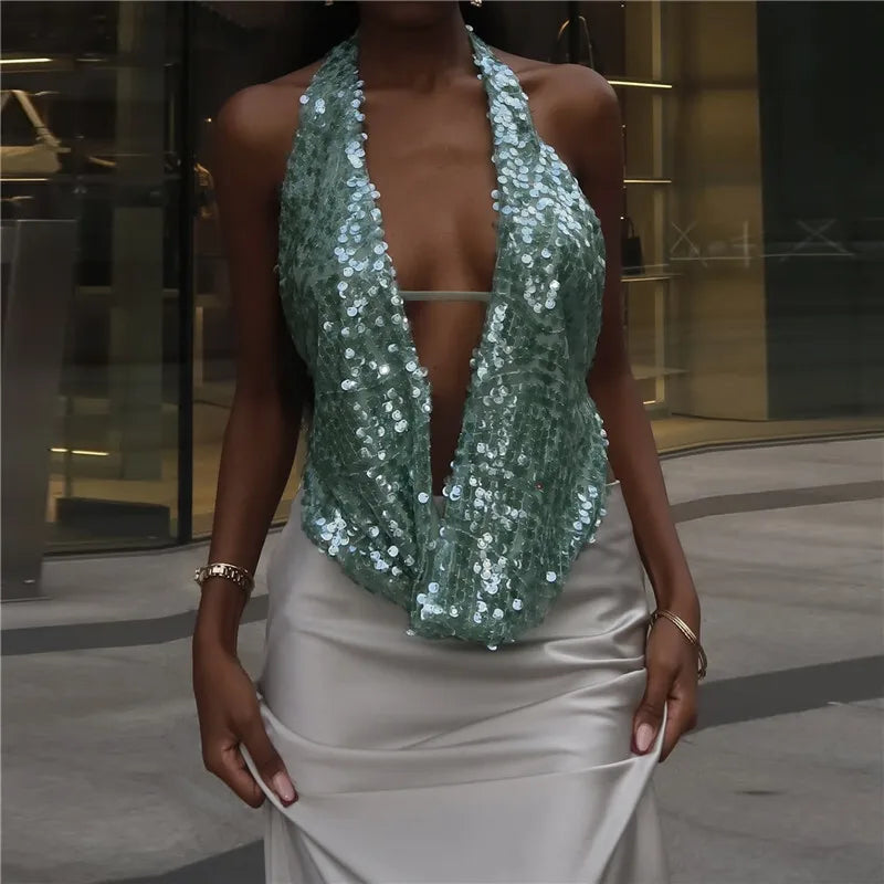 Women's Halter Deep V Neck Sequins Tank Cropped Top