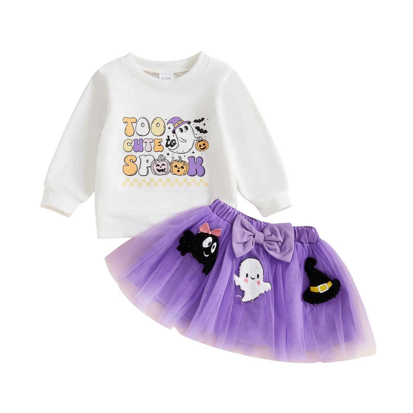 Baby Girl's Halloween Outfit Set - Cartoon Letter Sweatshirt & Ghost Tulle Skirt