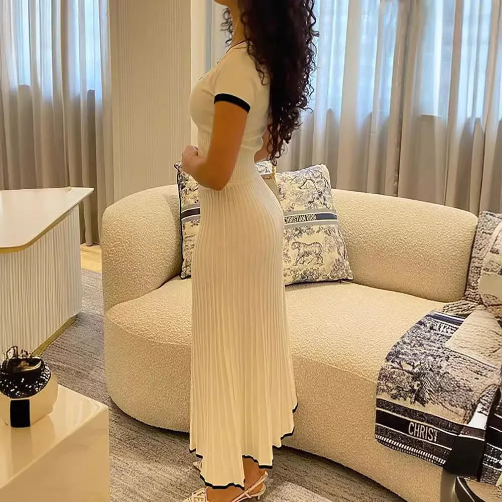 Women White long Skirt and Short Sleeve V-neck Crop Top Pleated Skirt set 2 PCS Set