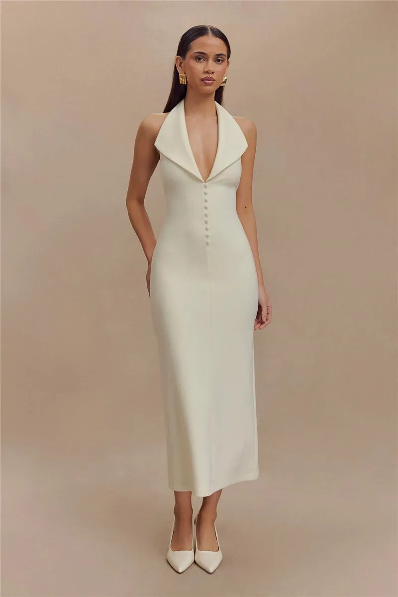 Women's Halter Deep V Neck Sleeveless Maxi Elegant Backless Bodycon Tank Long Dress