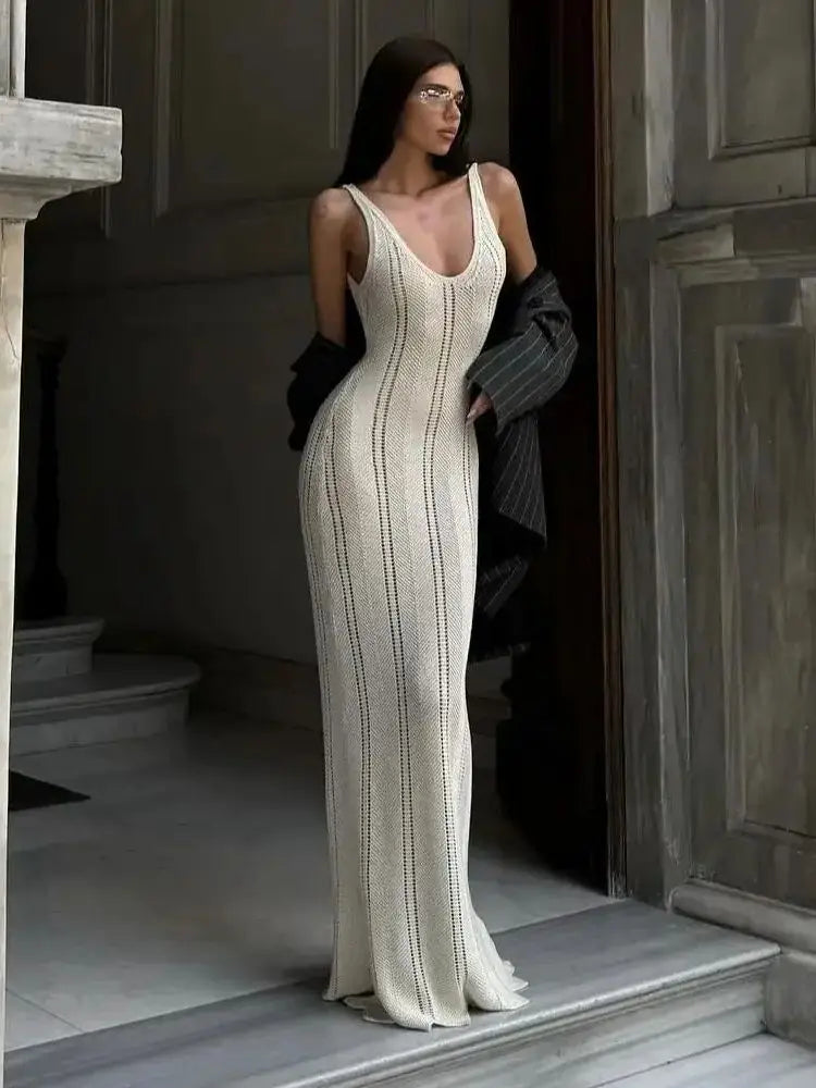 Crochet Knit Long Dress - Sleeveless Backless Bodycon Summer Cover Up