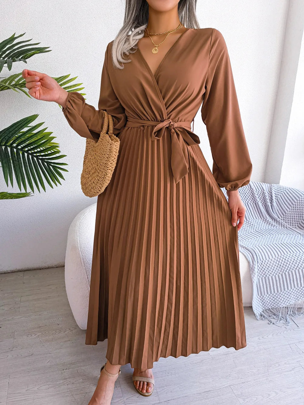 Women's Spring Summer Cross V Neck Large Hem Pleated Long Dress