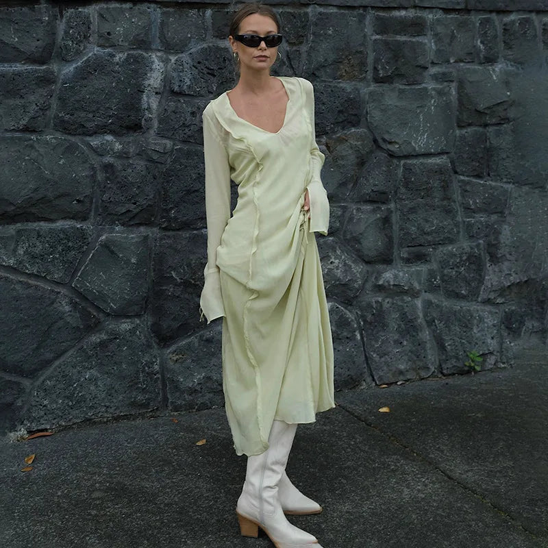 Women's Elegant Mesh Transparent Maxi Flare Sleeve Cover-Ups Loose Beach Dress