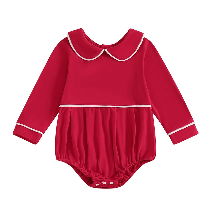 Baby Romper with Doll Collar - Long Sleeve Contrast Line Bodysuit