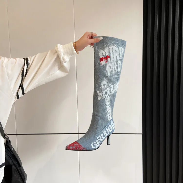 Women's 7cm Thin Heel Graffiti Folded Denim Boots