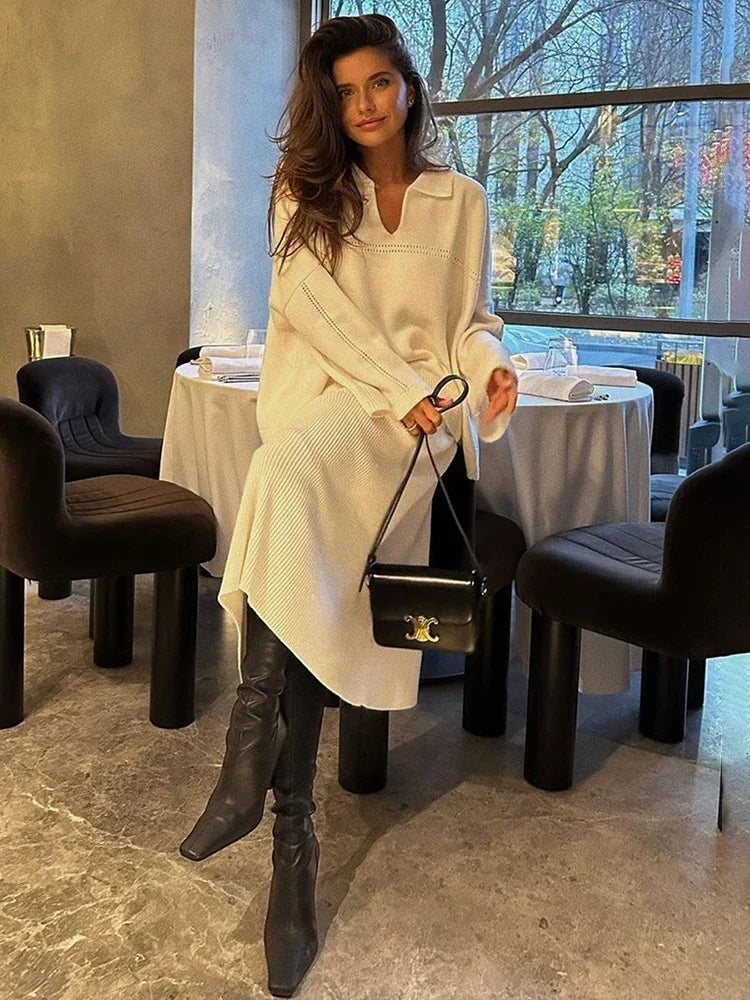 Women's Loose Sweater V-Neck Knit Pullover Top and Long High Waist Skirt 2 Piece Set