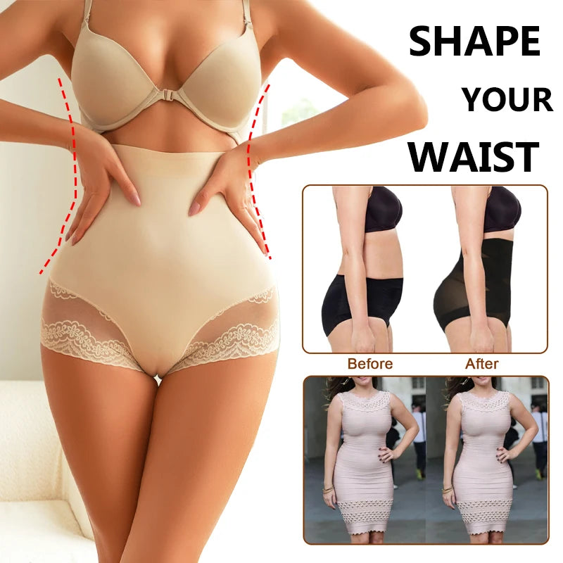 Women's Seamless Tummy Control Panties Floral Lace Underwear High Waist Butt Lifter Belly Shaping Cincher Briefs