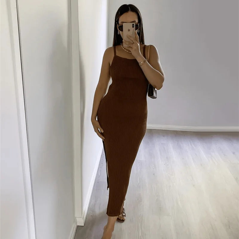 Women's Ribbed Knitted Backless Split Maxi Dress - Sleeveless Straps Bodycon Dress