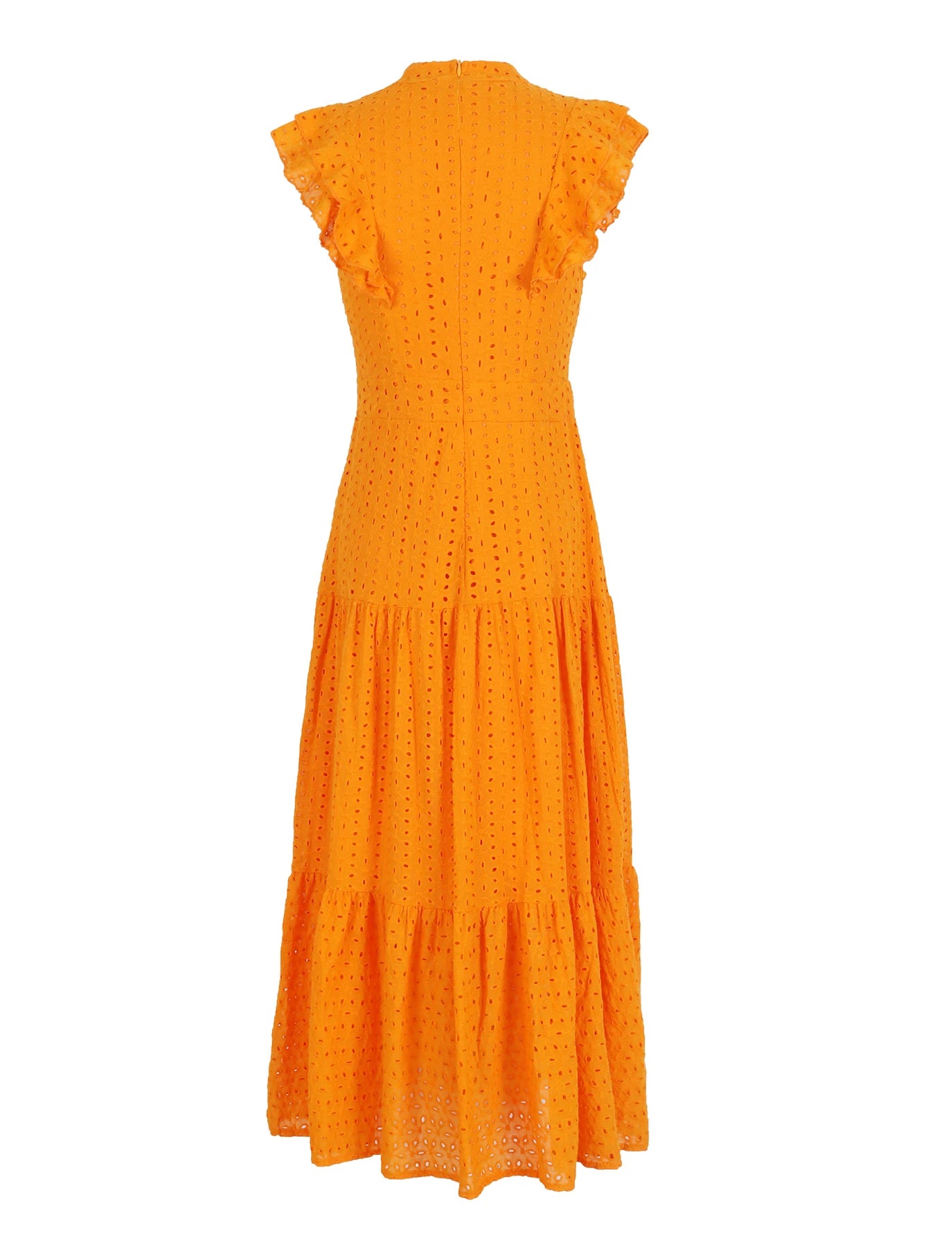 Women's Bohemian Hollow Out Elegant Round Neck Flying Sleeve Button Long Summer Dress