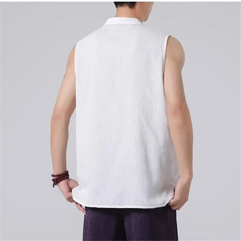 Men's Summer Tank Top Chinese Style Loose Stand Collar Cotton Casual Breathable Sleeveless Vest