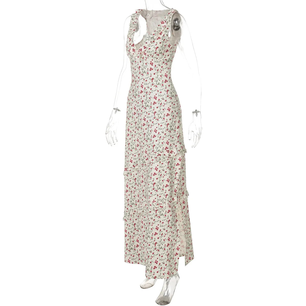 Women's Summer Floral Print Draped V Neck Maxi Ruffled Detail Sun Dress