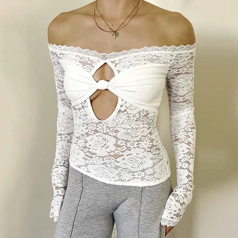 Women's Cut Out Lace Long Sleeve Top - Off Shoulder White Twist Front
