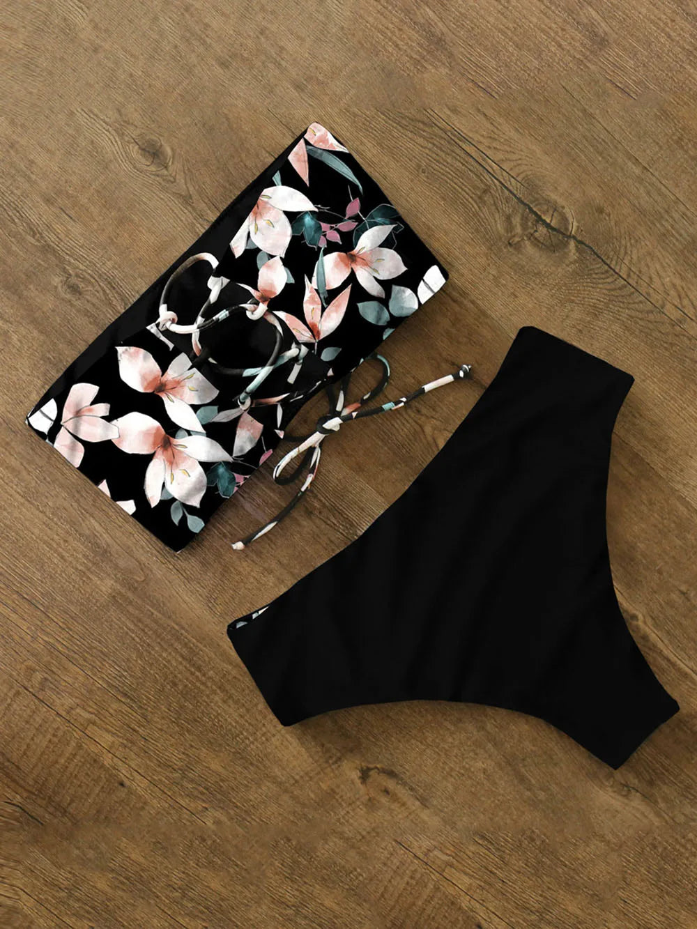 High Waist Bikini Set - Cross Back Bandeau Swimsuit with Print