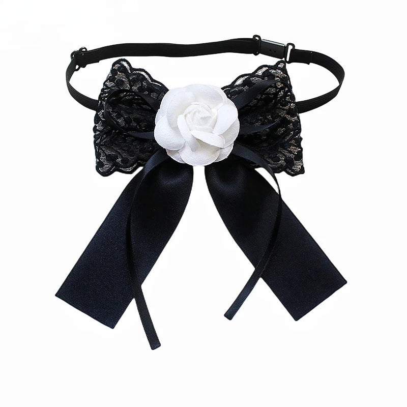 Black Fabric Bow Brooch - College Style Crystal Collar Pin