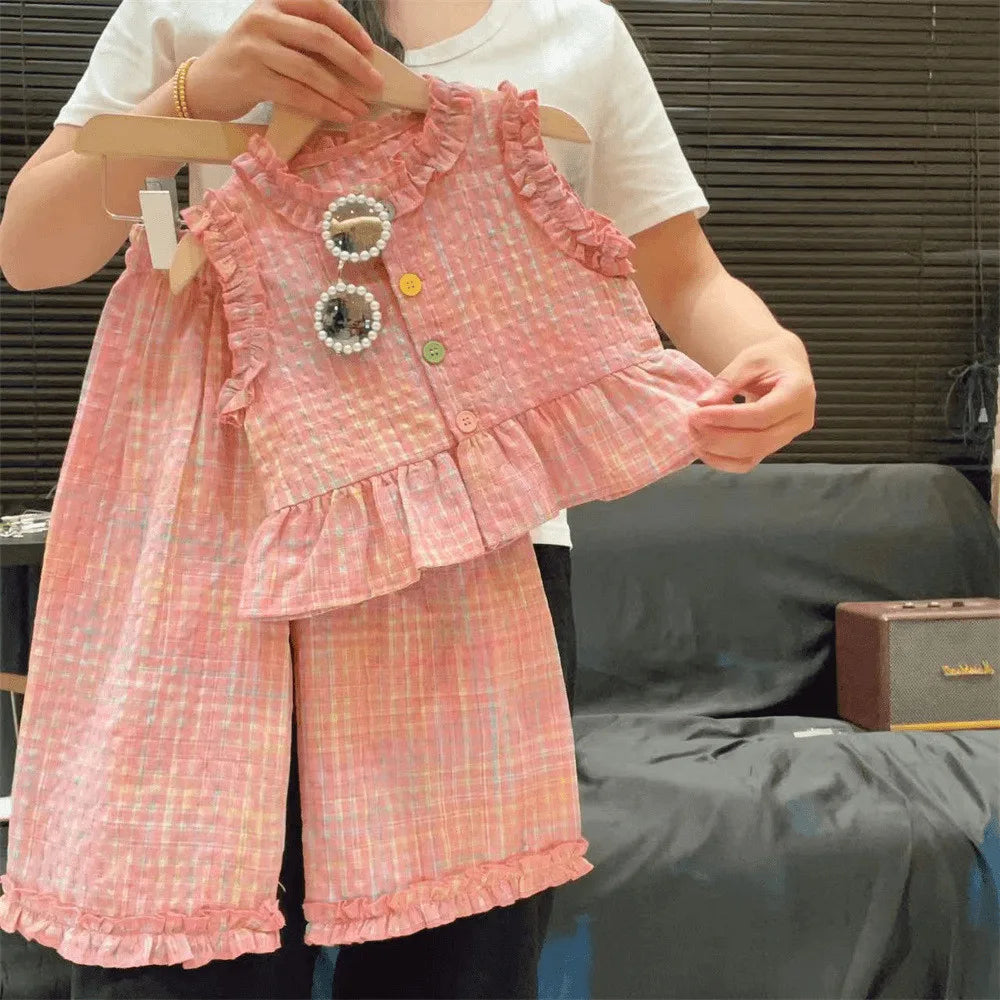 Girls' Pink Summer Outfit Set - Lace Plaid Tank Top with Wide Leg Pants