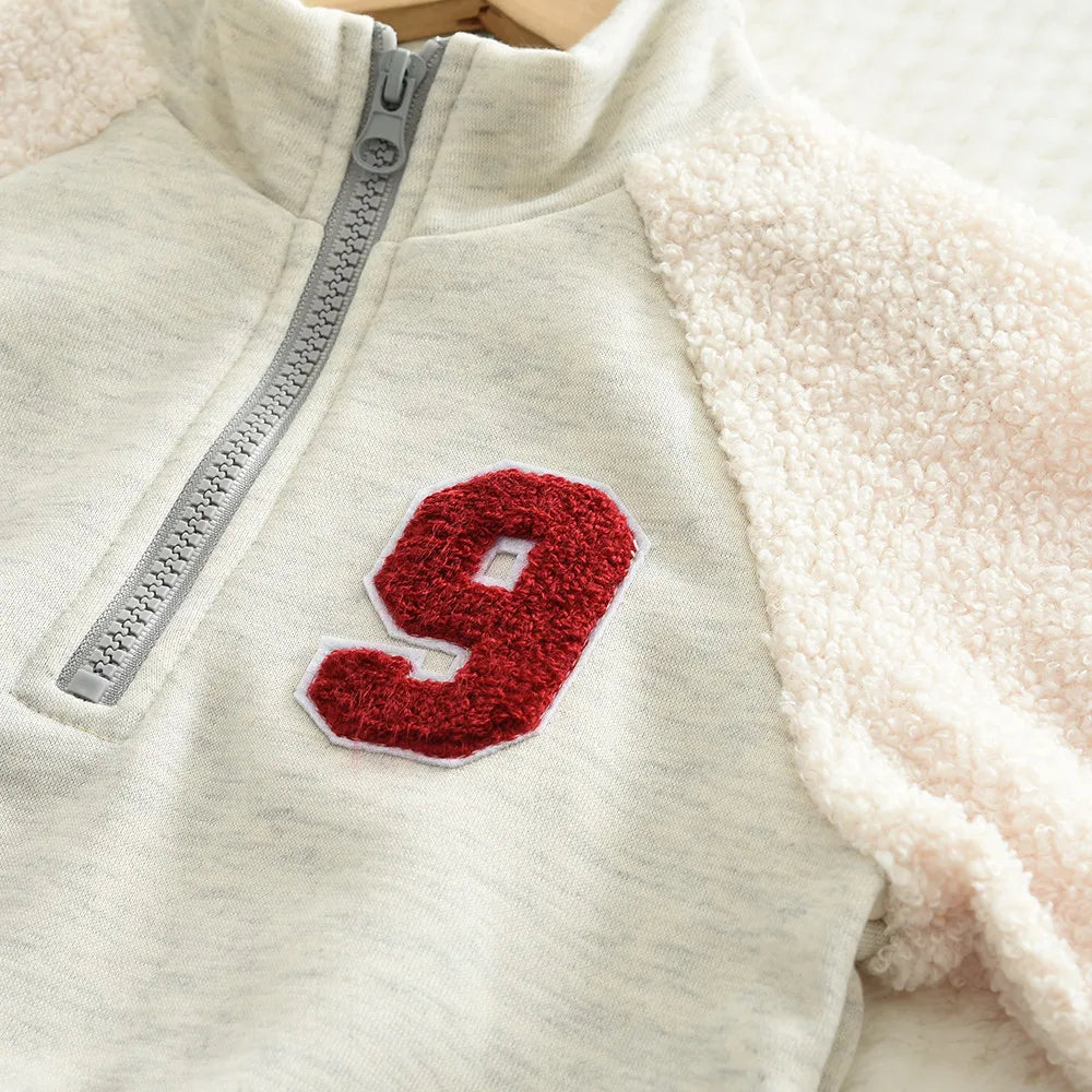 Children's Boy's Girl's Wool Patchwork Long Sleeves Sweatshirt and Pants Zipper Set