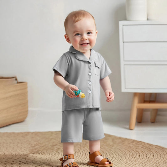 0-8Y Summer Toddler Kids Boys Girls Pyjamas Clothes Set Solid Contrast Trim Lapel Short Sleeve Button Down Tops Shorts
