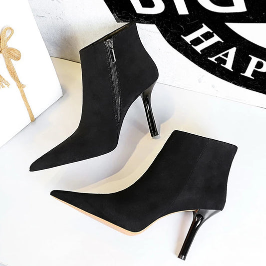 Black Suede Ankle Boots - Pointed Toe Stiletto Heels with Side Zipper