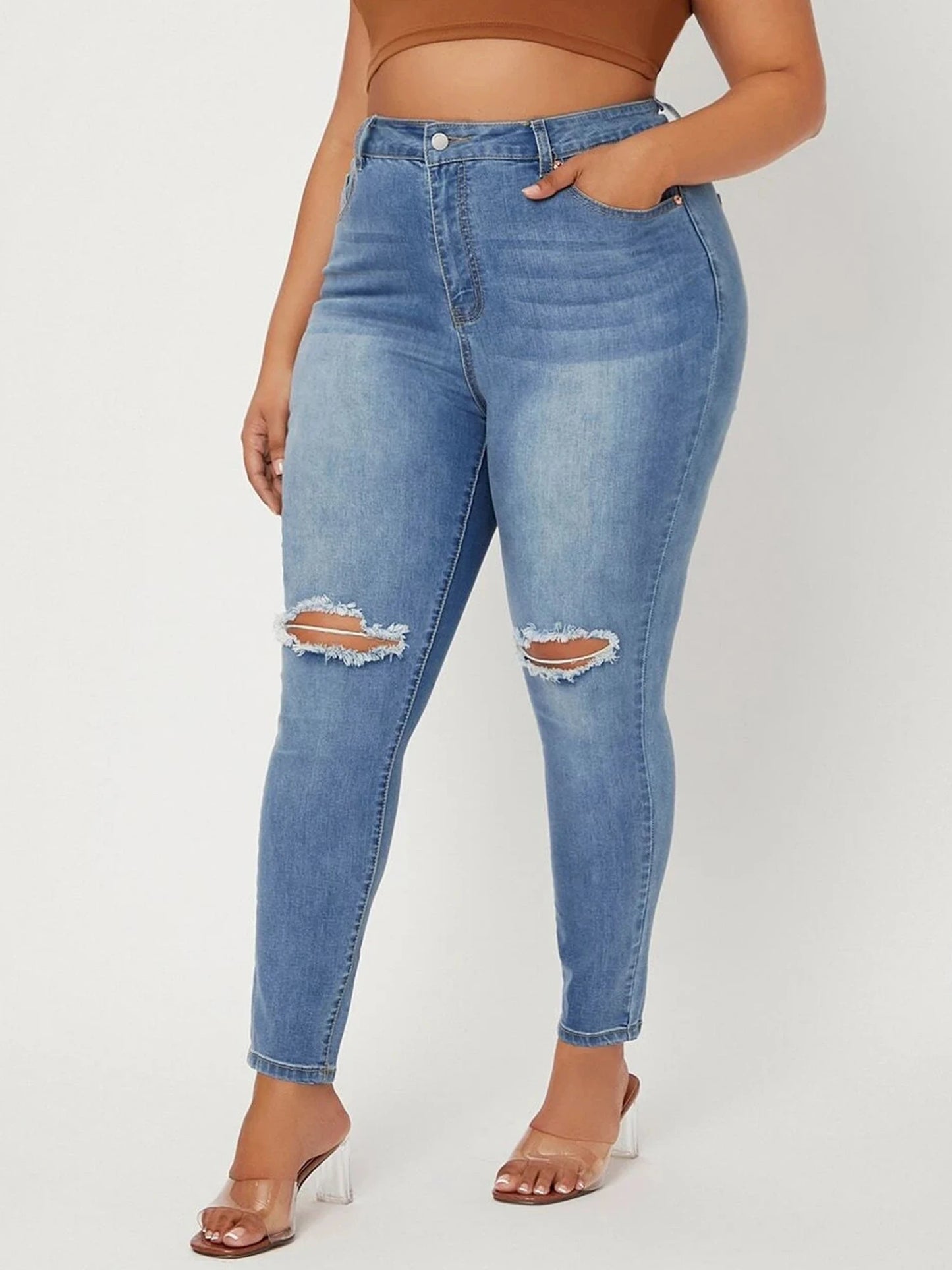 Women's Plus Size Ripped High Waist Stretchy Denim Jeans