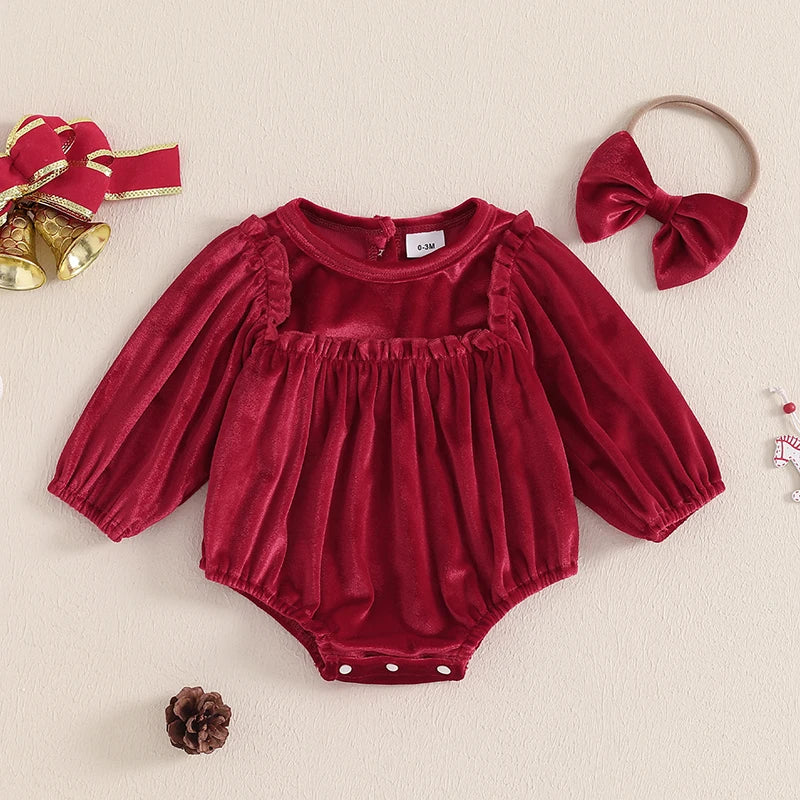 Baby Girl's Christmas Velvet Romper Set with Headband - Round Neck Long Sleeve