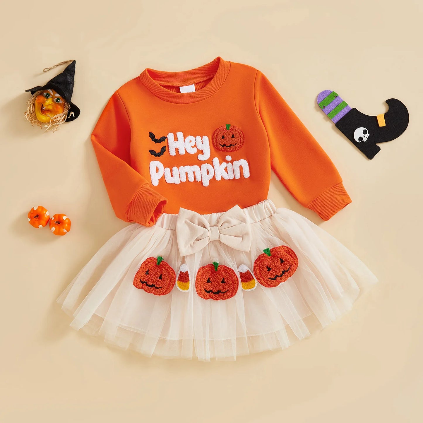 Baby Girl's Halloween Outfit Set - Cartoon Letter Sweatshirt & Ghost Tulle Skirt