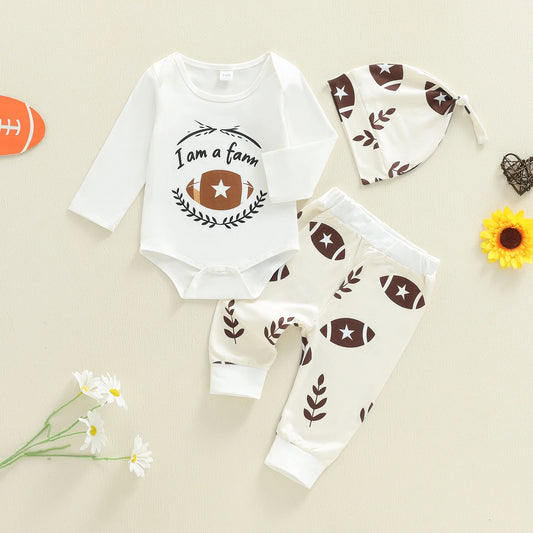 Baby Boys Autumn Winter Clothes Set - Letter Print Long Sleeve Romper, Football Leaf Pants & Hat