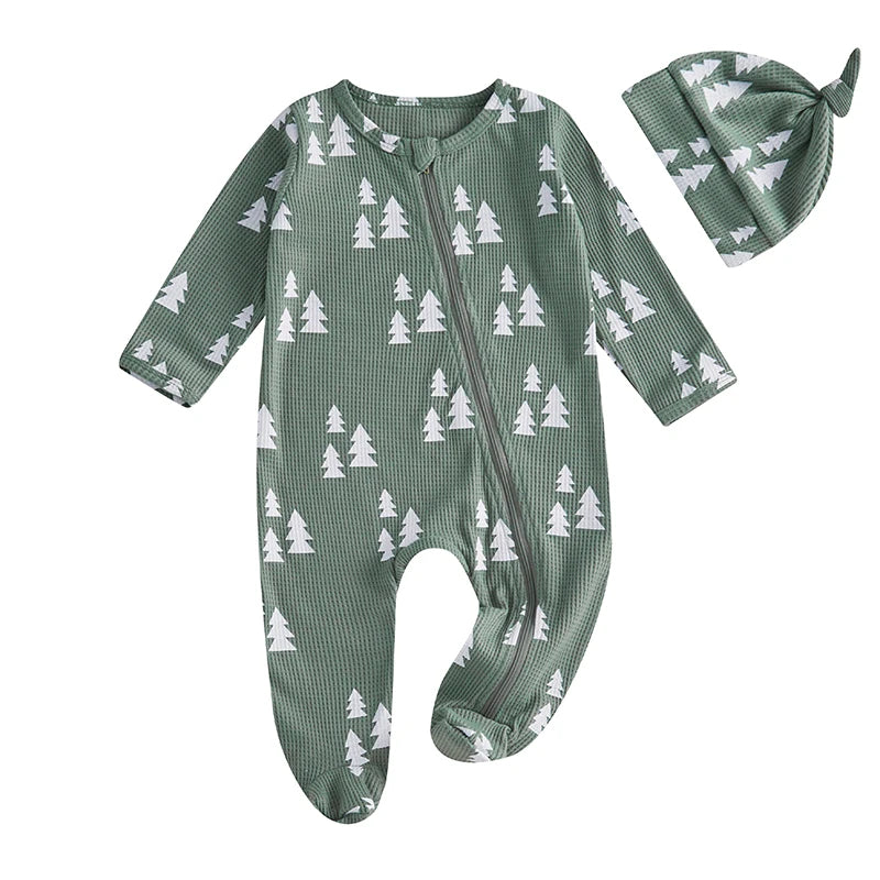 Newborn Christmas Romper Set with Hat - Xmas Tree Print Zip-Up Footed Jumpsuit