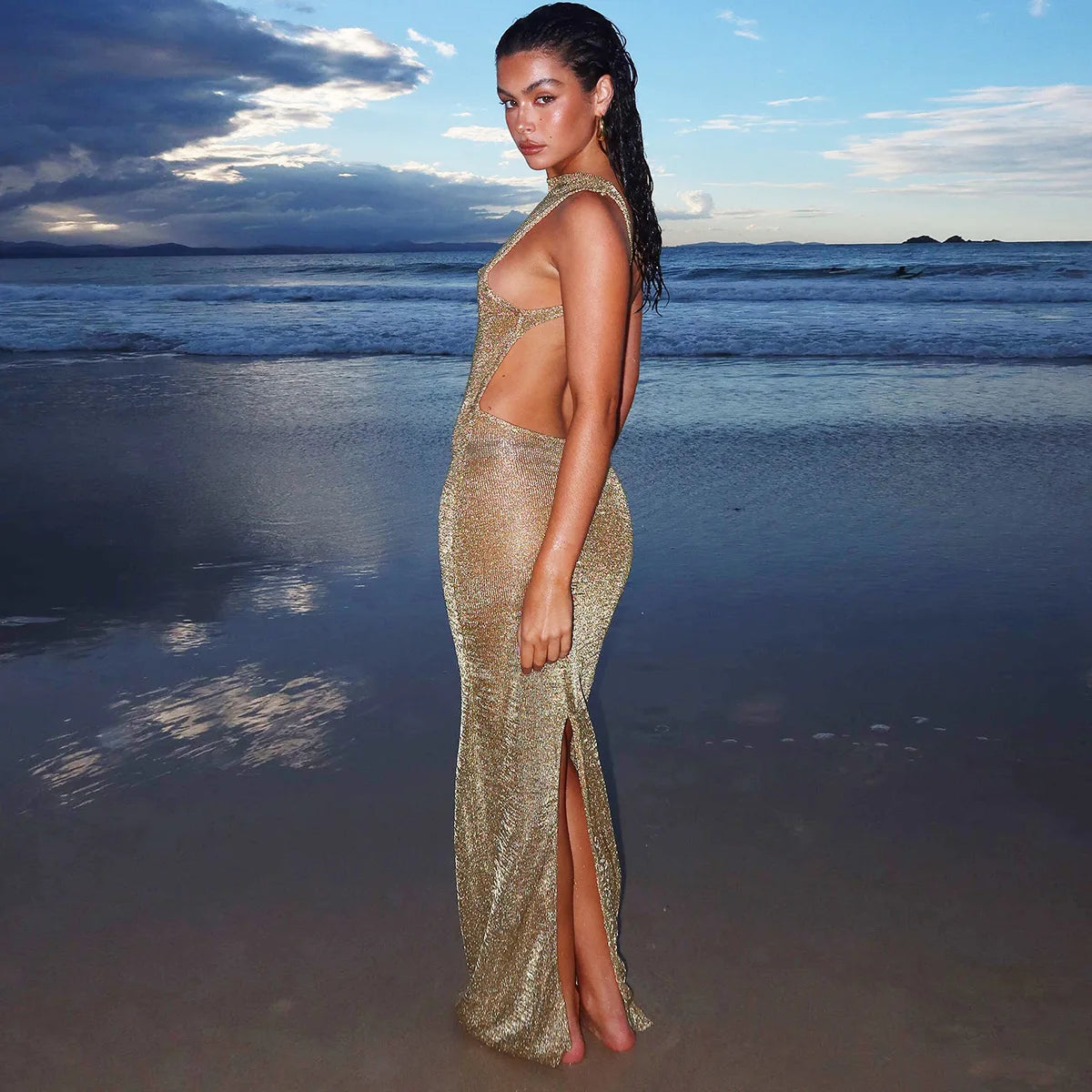 Women's Backless Slit Knit Maxi Split Slim Naked Waist Hollow Out Cover Up Summer Beach Dress