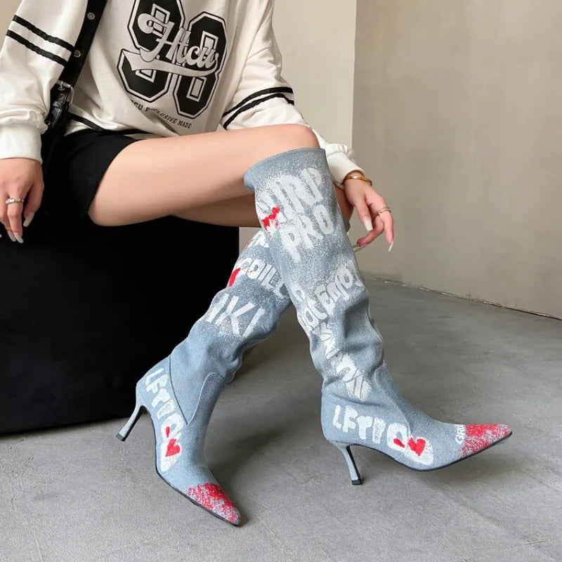 Women's 7cm Thin Heel Graffiti Folded Denim Boots