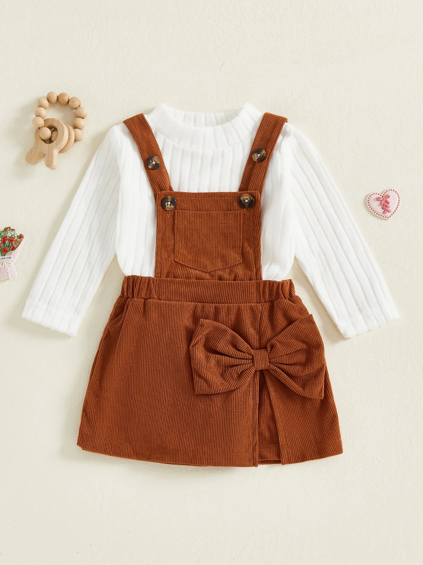 Baby Girls Ribbed Outfit Set - Long Sleeve Crew Neck Top & Bow Overall Skort (0-5Y)