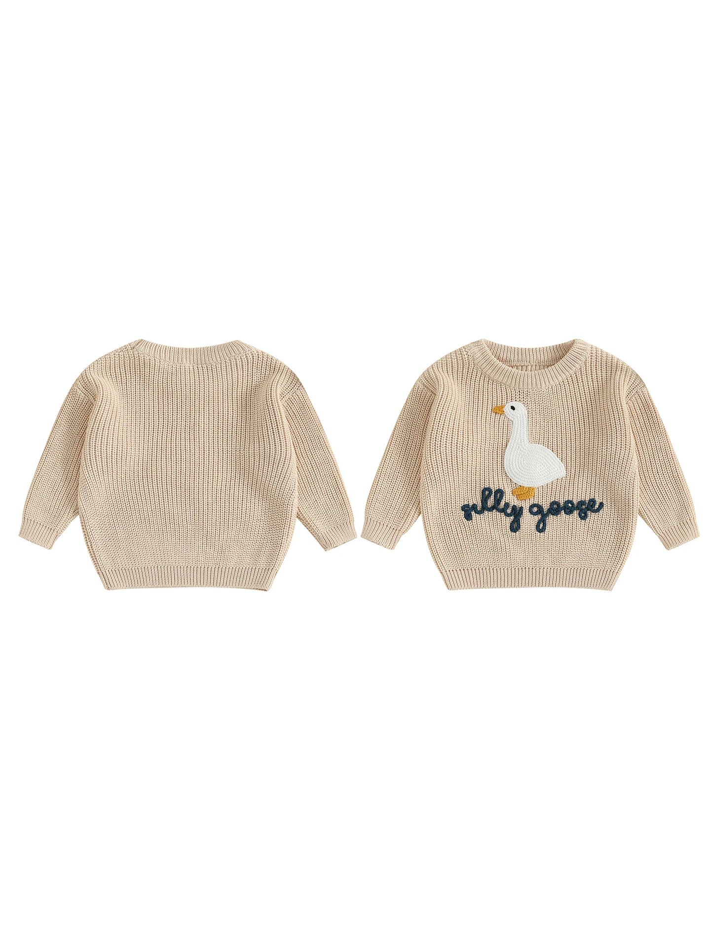 Toddler Baby Goose Sweater - Animal Letter Embroidered Crewneck Chunky Knit