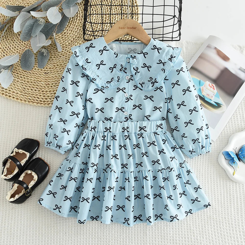 Girl's 2-6 Year Old Bow Print Long Sleeved Lapel Shirt and Skirt Two-piece Set