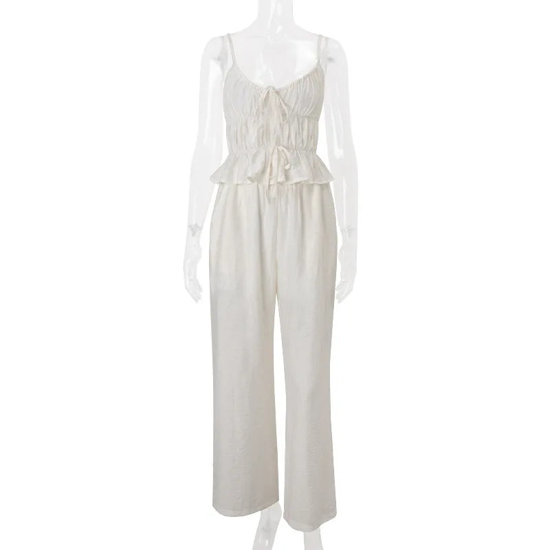 Women's Summer Tie Front Pleated Cami Top & Flare Pant Set - 2 Piece Holiday Outfit