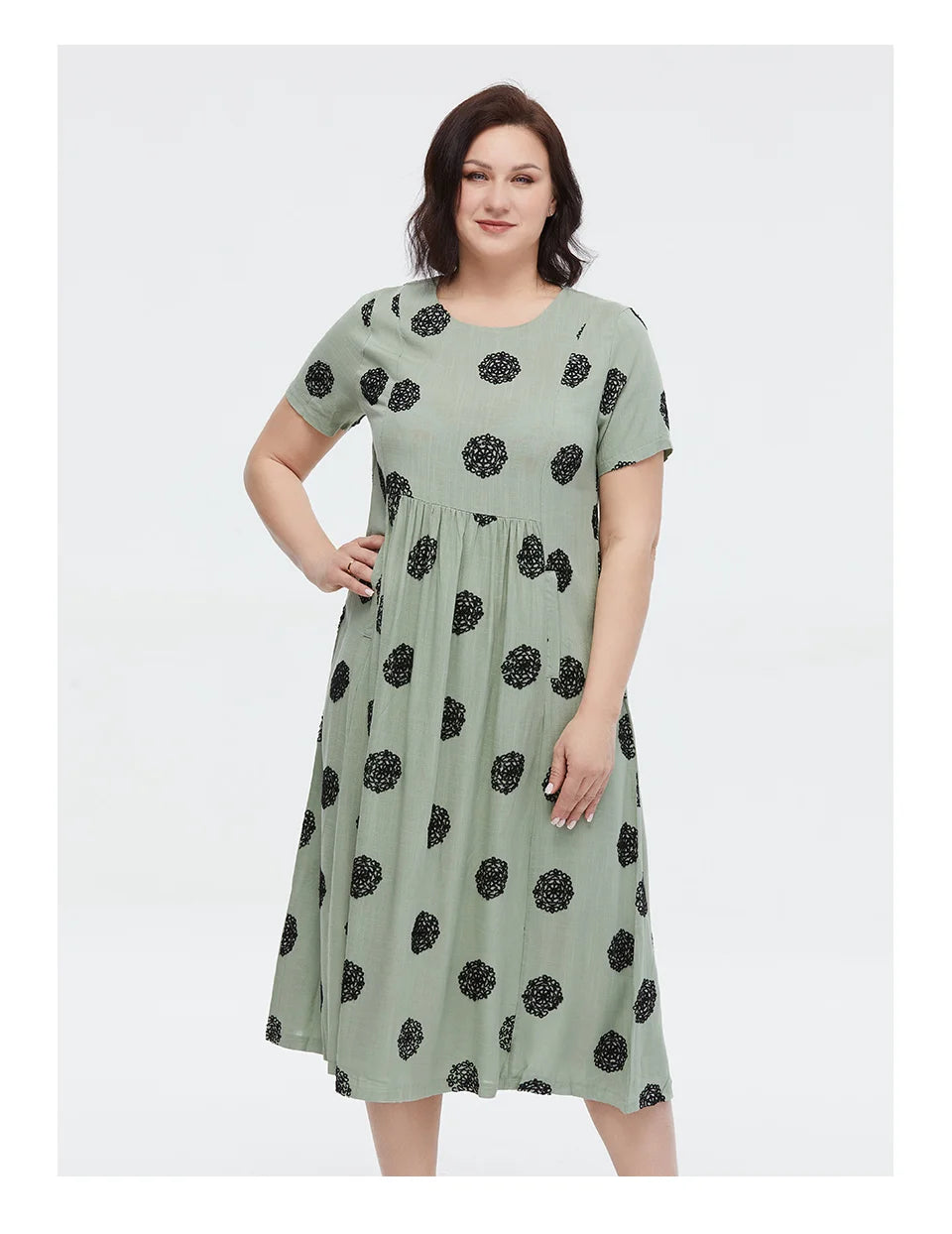 Women's Summer Elegant Cotton Oversize Office Polka Dot Embroidery Design Pocket Long Dress