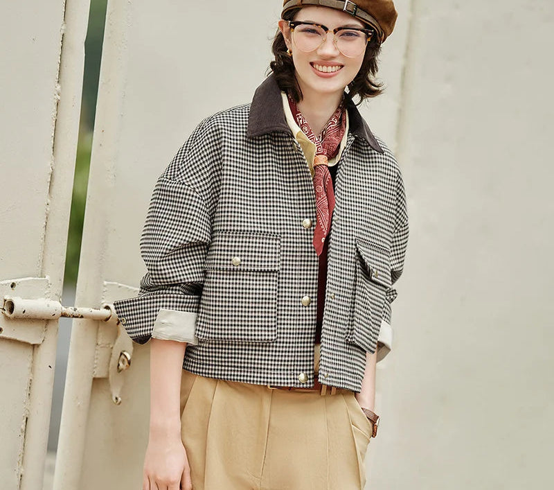 Women's Cropped Plaid Jacket - Turn Collar Loose Fit Autumn Fashion Coat