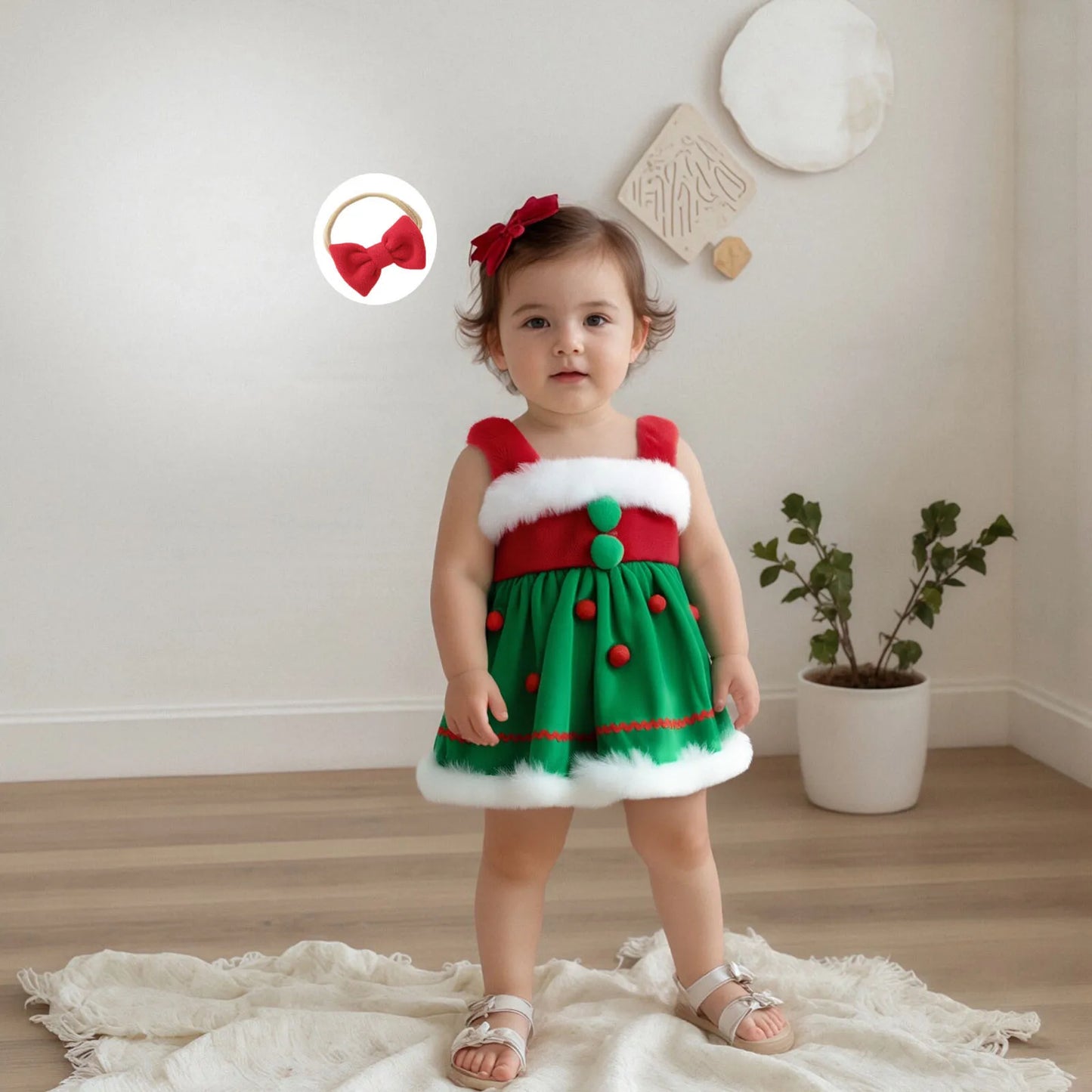Baby Girls Princess Christmas Romper Dress with Bow Headband - Gingerbread Design