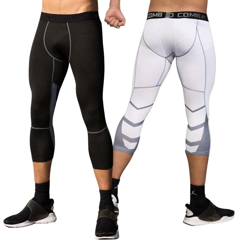 Men's Sports 3/4 Cropped Gym Running Leggings  Elastic Compressions Sweatpant Tights