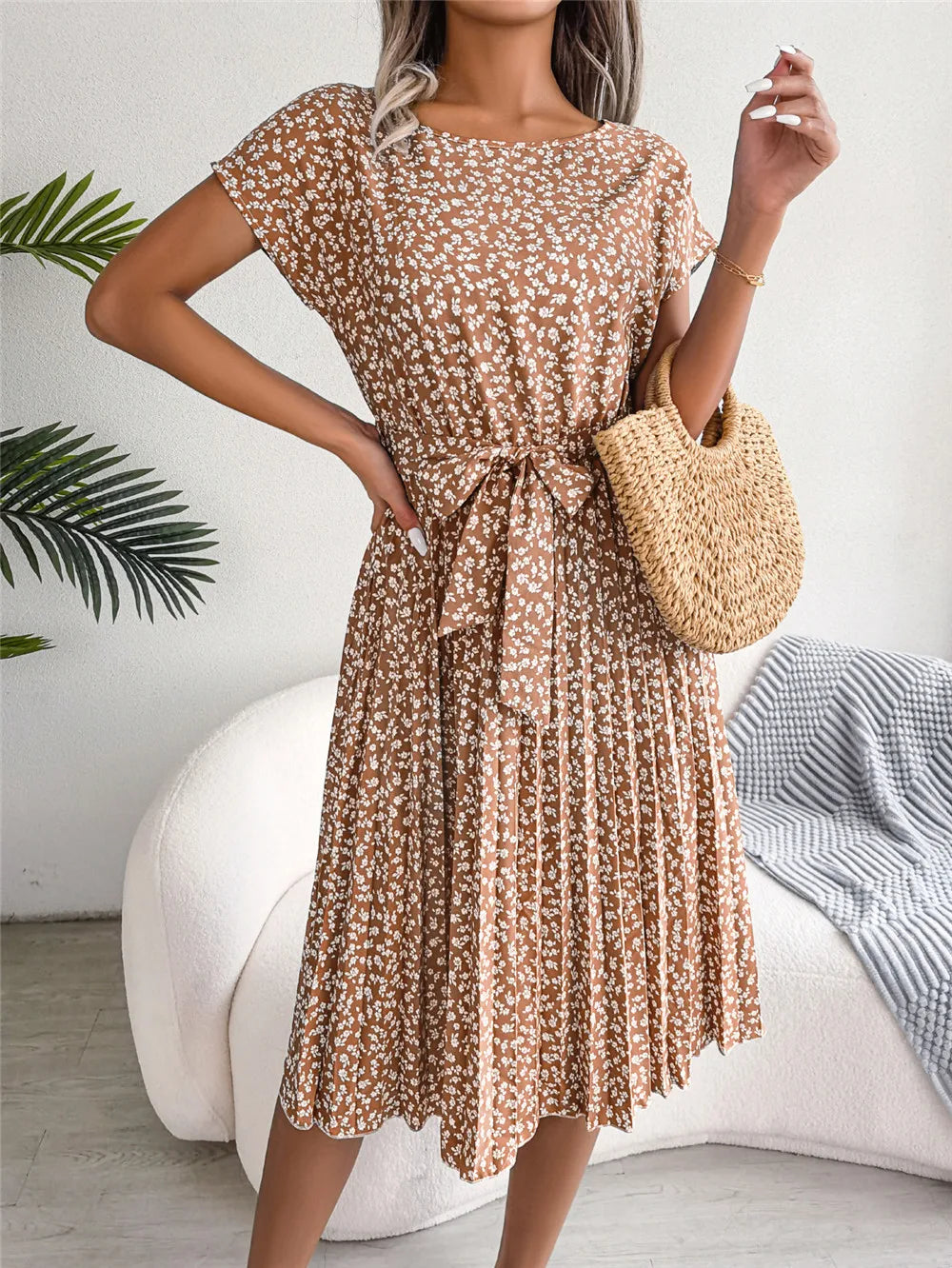 Women's Floral Pleated A Line Long Spring Summer Short Sleeve High Waist Chic Dress
