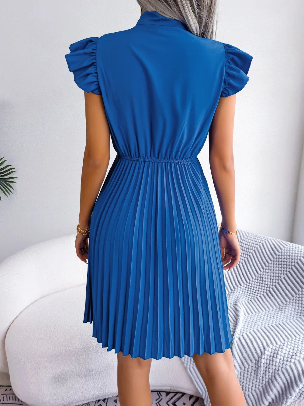 Women's Spring Summer Elegant Lace Up High Waist Large Fold Bow Collar Pleated Dress