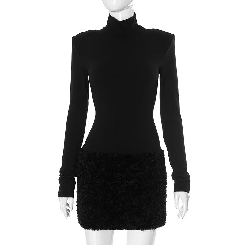 Women's Turtleneck Long Sleeve Furry Mini High Waist Splice Elegant Party Dress