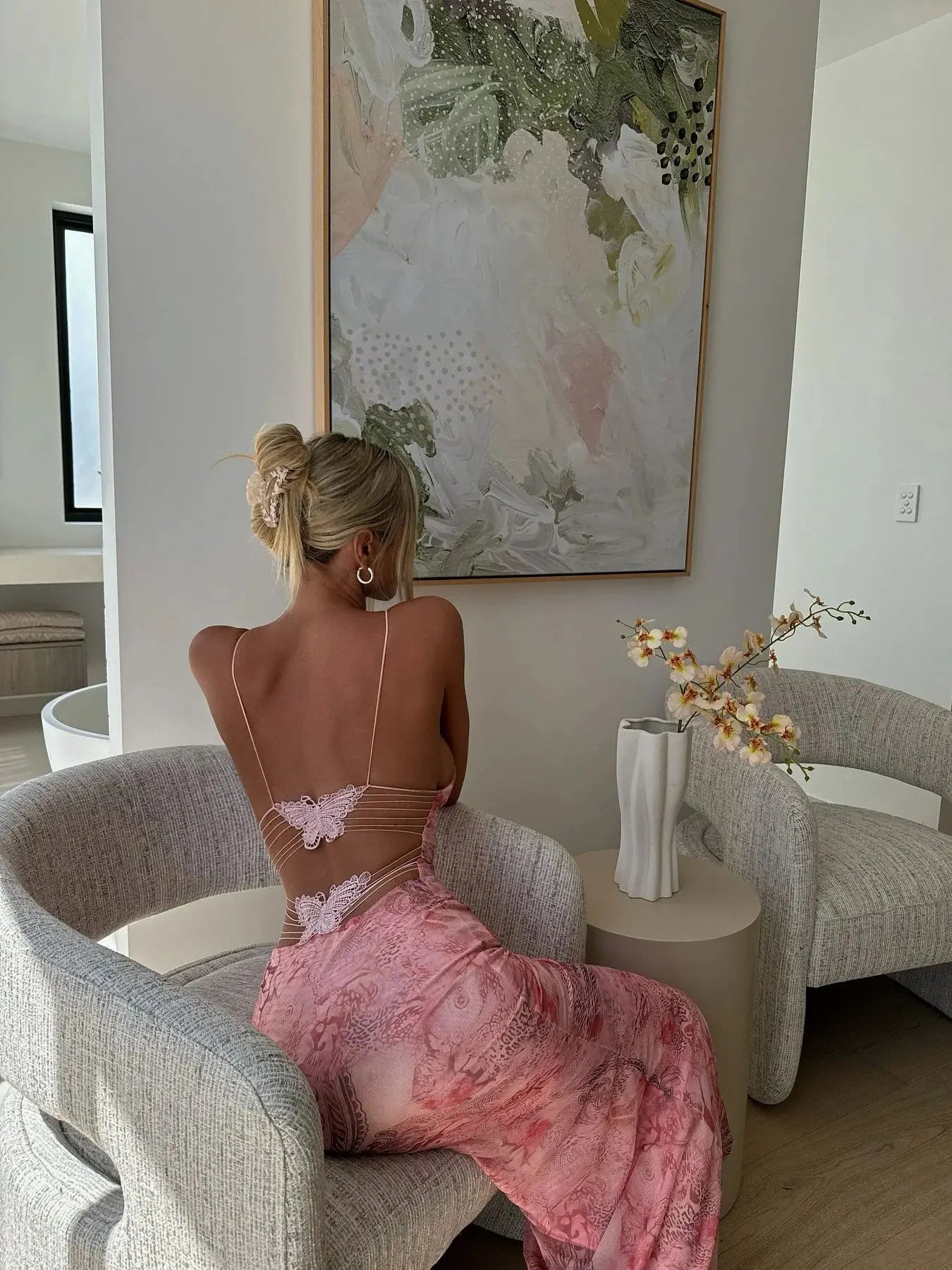 Women's Maxi Backless Butterfly Print Sleeveless Thin Line Summer Party Dress