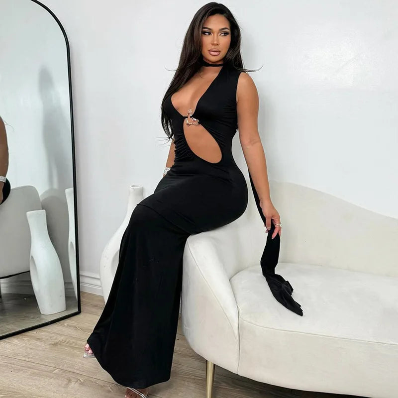 Women's Embellished Plunge Halter V Neck Maxi Outfit Club Party Cut Out Bodycon Dress