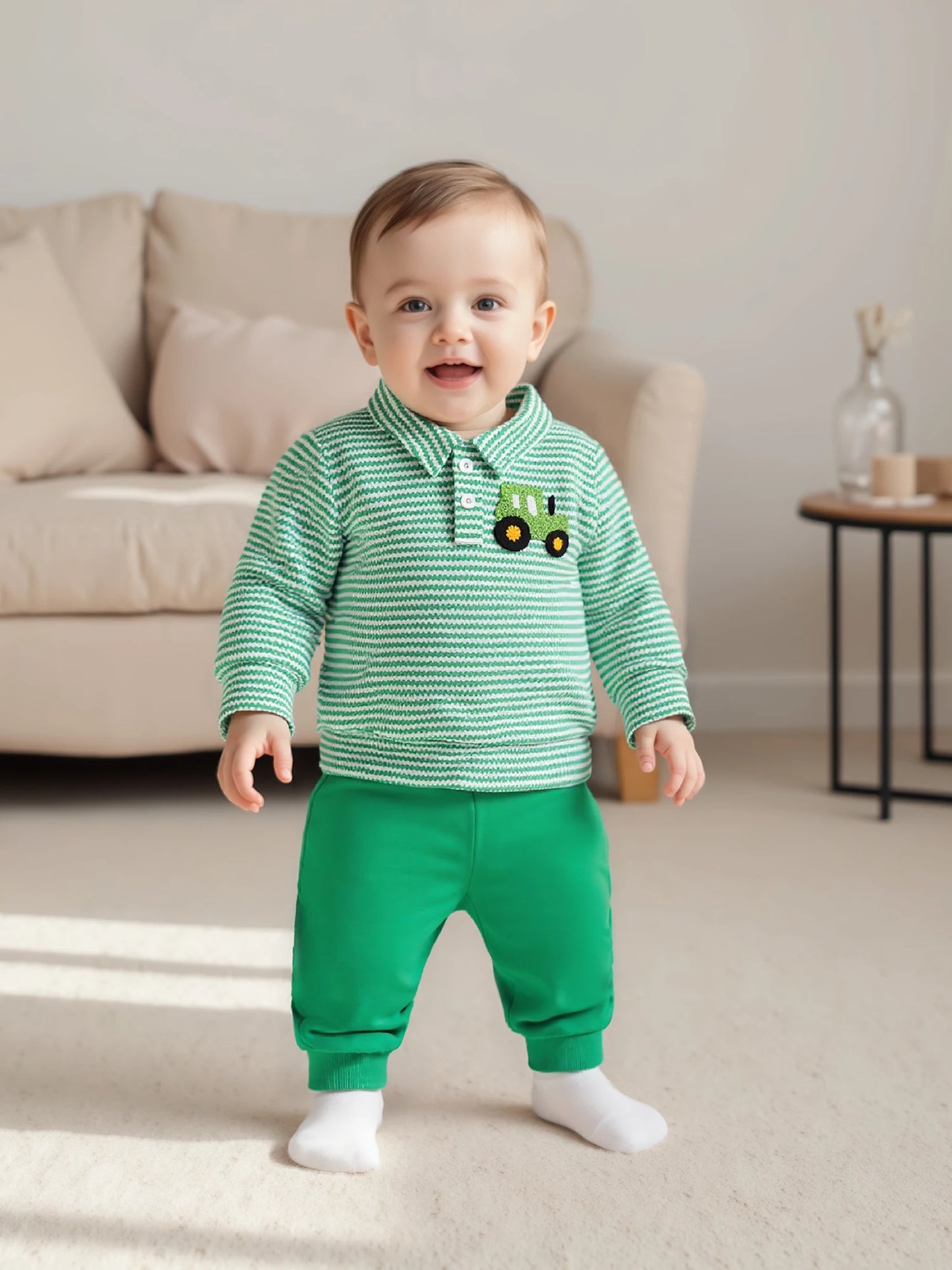 Infant Baby Boys Fall Winter Clothes Set - Long Sleeve Truck Embroidery Striped Top & Elastic Waist Pants