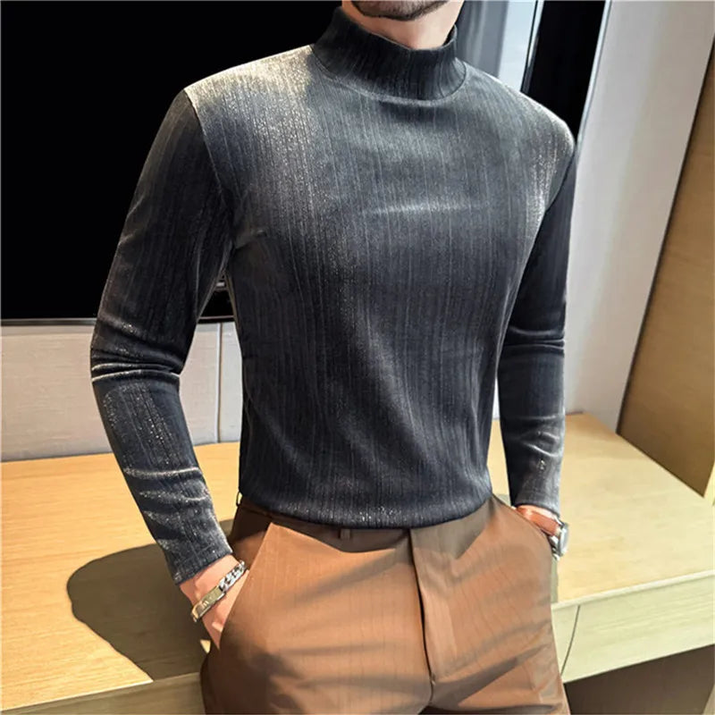 Men's Velvet Mock Neck Long Sleeve T-Shirt