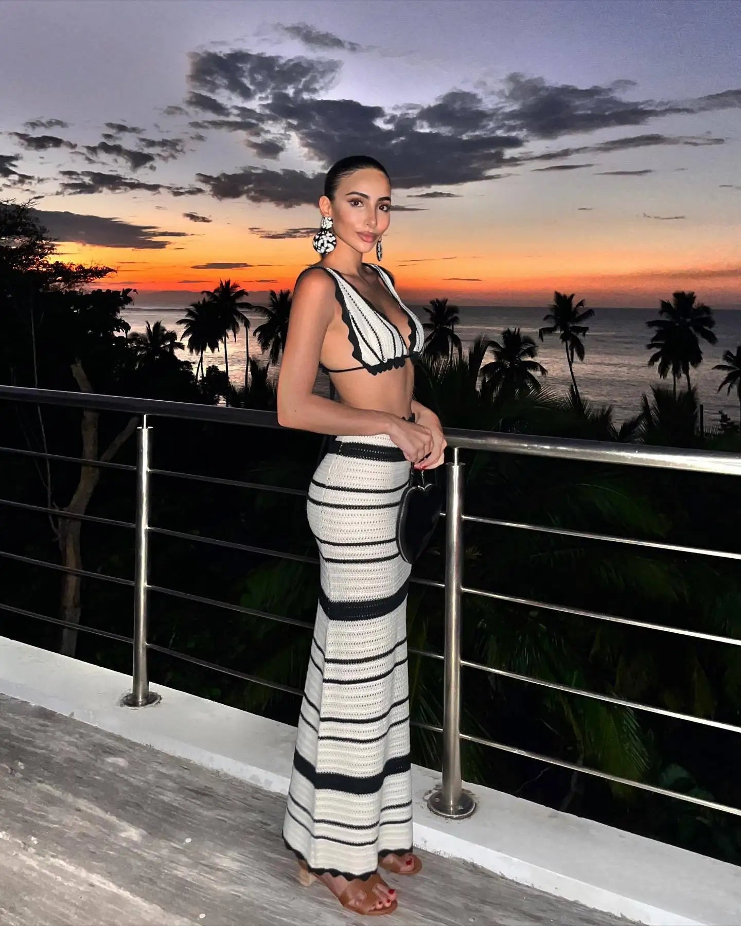 Women's Summer Beachwear Stripe Dress Set -Deep V Neck Knitted Top and Skirt 2 Piece Sets