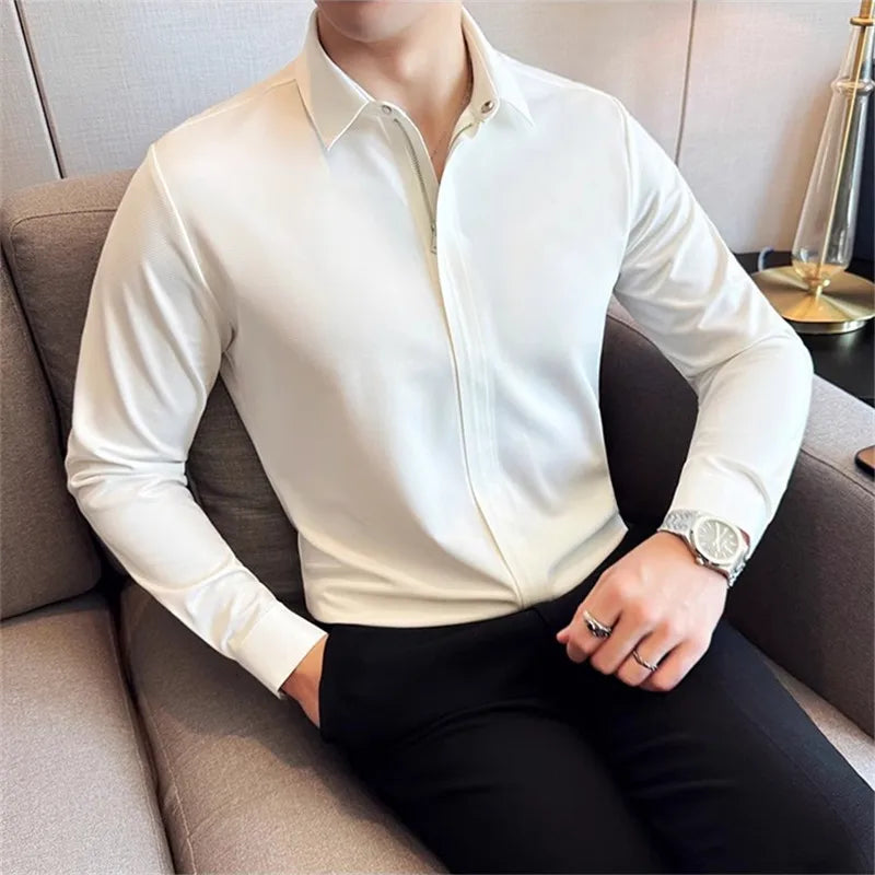 Men's Zipper Long Sleeve Smart Casual Slim Fit Turn Down Collar Shirt